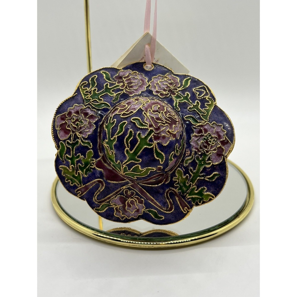 Christmas Ornament Cloisonné Enamel Lady's Sun Hat Purple Flowers Gold‎ Trim